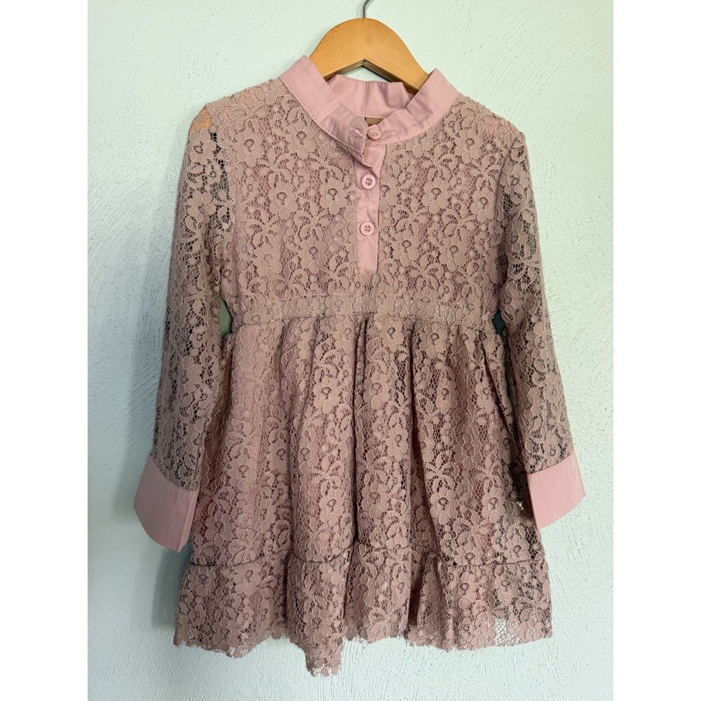 Lebuding Girls Mauve Floral Lace Overlay Long Sleeve Knee Length Dress Size 9